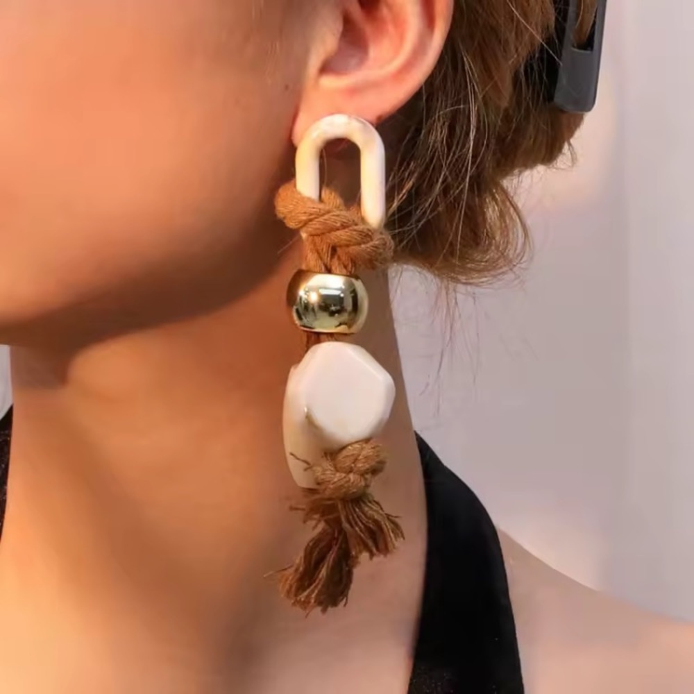 Long Gold Brown Tan Cream Statement Earrings Rope Bead Summer Large Chunky Big